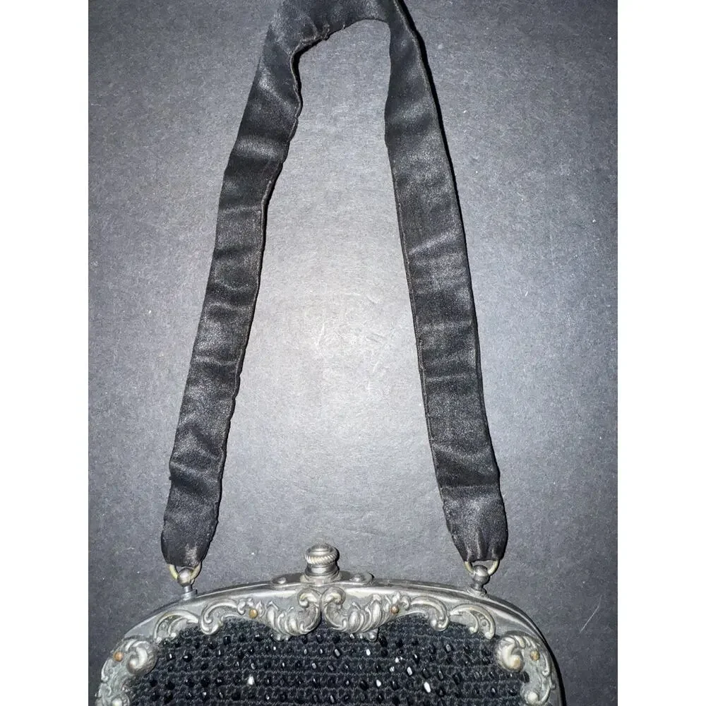 Antique Victorian Crochet Mourning Purse Bag Silver Tone Frame Handbag Black